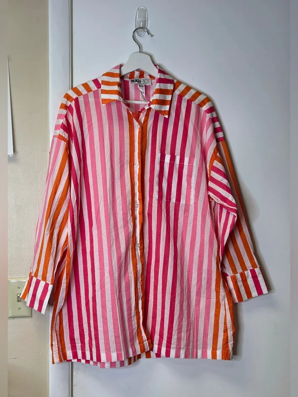 Beach Riot Striped Button Down Shirt Coverup Pink Orange Size L/XL